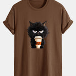 Regular Fit Black Cat Drinking Coffee Print Cotton T-Shirt