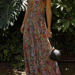 Halter V Neck Open Back Floral Print Maxi Dress