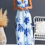 Halter V Neck Back Lace-up Waisted Floral Print Maxi Dress