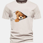 Regular Fit Zipper Bear Print Cotton T-Shirt
