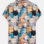 Cartoon Cat Print Button Up Shirt & Drawstring Swim Shorts