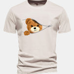 Regular Fit Zipper Bear Print Cotton T-Shirt