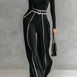 Margovil Color Block High Neck Long Sleeves Top High Rise Wide Leg Pants Set