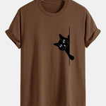 Regular Fit Black Cat Print Cotton T-Shirt
