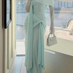 Margovil Off Shoulder Long Sleeves Knot Waist Draped Maxi Dress