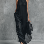 Women's Simple Style Black Chiffon Crinkle Sleeveless Stand-collar Long Dress
