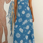 Bow Shoulder Sleeveless Seashell Print Maxi Dress