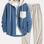 Long Sleeved Contrast Corduroy Hooded Shirt & Straight Leg Corduroy Pants