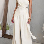 One Shoulder Irregular Hem Top High Rise Pocketed Wide Leg Pants Set