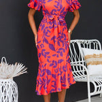 Short Sleeves Tie Waist Printed Ruffle Midi Dress
