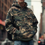 Men's Vintage Camouflage Printed Cotton Blend Flap Pocket Long-Sleeved Hoodie