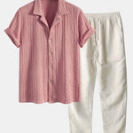 Knitted Geometric Textured Cuban Shirt & Straight Leg Linen Pants