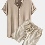 Linen And Rayon Blend Stand Collar Shirt & Linen Cotton Blend Drawstring Shorts