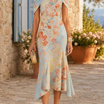 Margovil Off Shoulder Floral Print Irregular Hem Midi Dress