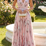 Deep V Neck Sleeveless Floral Print Swing Maxi Dress