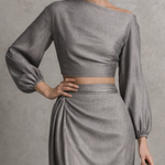 Women's Premium Gray Woven Twill Fabric Off-the-shoulder Top And Slit Skirt Set