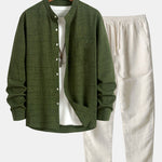 Long Sleeve Stand Collar Shirt & Straight Leg Linen Pants