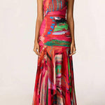 Mockneck Sleeveless Ruched Printed Maxi Dress