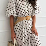 Collared Short Sleeves Button Up Polka Dot Midi Dress