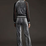 Sporty Retro Striped Mesh Sleeve Gray Leopard Print Velvet Sweatshirt And Pants Set