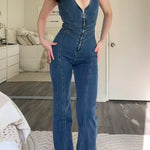 Margovil Zip Up Sleeveless Heart Back Bell Bottom Denim Jumpsuit