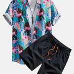 Tropical Plants And Orangutan Print Button Up Shirt & Swim Shorts