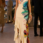 One Shoulder Floral Print Ruffle Hem Slit Maxi Dress