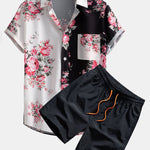 Two Tone Rose Print Button Up Shirt & Swim Shorts