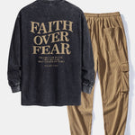 Faith Over Fear Print Relax Fit Washed Distressed T-Shirt & Drawstring Corduroy Cargo Jogger Pants