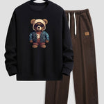 Bear In Leather Jacket Print Relax Fit Sweatshirt & Straight Leg Corduroy Pants