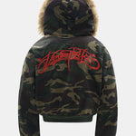 Boxy Camouflage Faux Fur Collar Hooded Jacket