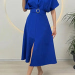 Margovil Crewneck Short Sleeves Belted Slit Midi Dress