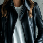 Women Simple Lapel Solid Color Faux Leather Jacket