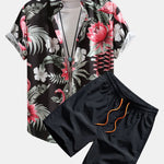 Flamingo Flower Print Button Up Shirt & Swim Shorts
