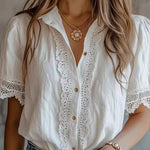 Margovil Lapel Short Sleeves Button Up Lace Trim Top