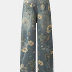 Flower Print Denim Wide Leg Pants