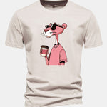 Regular Fit Pink Panther Drinking Coffee Print Cotton T-Shirt
