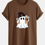Regular Fit Halloween Ghost Coffee Print Cotton T-Shirt