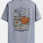 Halloween Pumpkin Town Print Washed Distressed Drop Shoulder T-Shirt