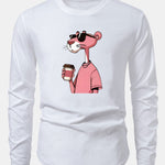 Pink Panther Drinking Coffee Print Cotton Arc Hem T-Shirt