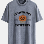 Halloween Pumpkin Town Print Washed Distressed Drop Shoulder T-Shirt