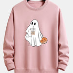 Halloween Ghost Drinking Coffee Pumpkin Print Relax Fit Sweatshirt