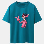 Pink Panther With V Sign Print Drop Shoulder Oversize T-Shirt