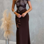 Asymmetrical Shoulder Ruffle Detail Printed Maxi Dress