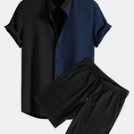 Two Tone Muscle Fit Ribbed Stand Collar Shirt & Shorts