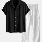Knitted Geometric Rhombus Jacquard Cuban Shirt & Straight Leg Linen Pants