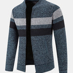 Striped Baseball Collar Teddy Lined Zip Up Sweater