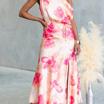 One Shoulder Floral Print Slit Satin Maxi Dress