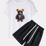 Bear In Leather Jacket Print T-Shirt & Textured Shorts