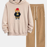 Hip Hop Bear Print Relax Fit Hoodie & Straight Leg Corduroy Pants